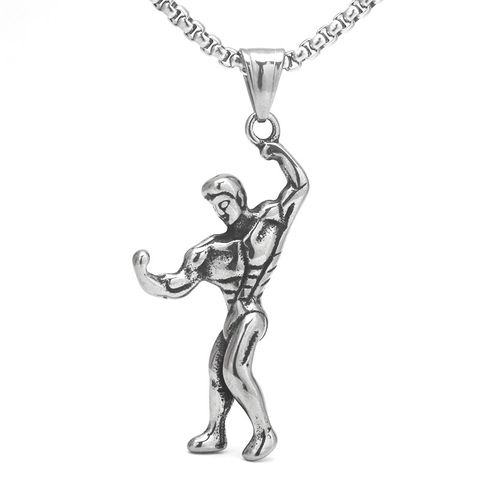 Retro Stainless Steel Muscle Man Pendant Necklace Fitness Bodybuilding Strength Gym Jewelry Vintage Silver Necklaces For Men