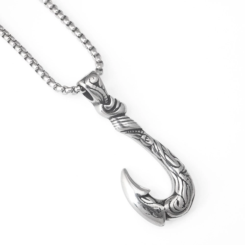 Vintage Edelstahl Angelhaken Anhänger Halskette Für Herren Punk Rock Tribal Graviert Maui Haken Schmuck Charm Accessoire Geschenk