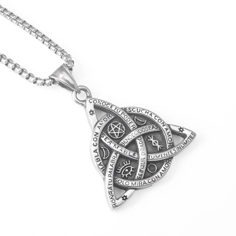 Vintage Stainless Steel Celtic Triquetra Knot Pendant Necklace With All Seeing Eye Pentagram Spanish Quotes Jewelry