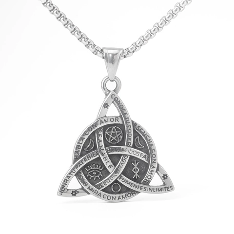 Vintage Stainless Steel Celtic Triquetra Knot Pendant Necklace With All Seeing Eye Pentagram Spanish Quotes Jewelry