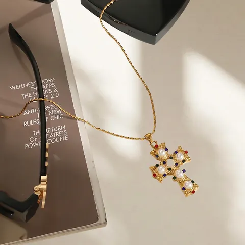 Vintage Stainless Steel Cross Pendant Necklace For Women Gold Plated Baroque Artificial Pearl Colorful Rhinestone Jewelry Necklaces