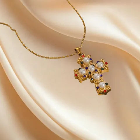 Vintage Stainless Steel Cross Pendant Necklace For Women Gold Plated Baroque Artificial Pearl Colorful Rhinestone Jewelry Necklaces