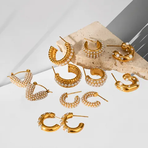 Orecchini a Cerchio in Acciaio Inossidabile con Perle Artificiali per Donna Oro a Forma di C Cuore Strass Impermeabile Ipoallergenico Gioielli