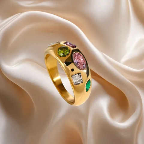 Anillo de Acero Inoxidable Chapado en Oro de 18K para Mujer Vintage Zirconia Colorida Banda Ancha Impermeabile Hipoalergénico Chunky Joyería Anillo Dedo