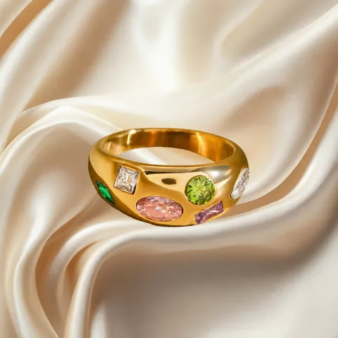 Anillo de Acero Inoxidable Chapado en Oro de 18K para Mujer Vintage Zirconia Colorida Banda Ancha Impermeabile Hipoalergénico Chunky Joyería Anillo Dedo