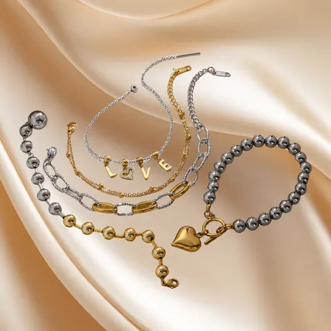 Fashion Stainless Steel Beaded Bracelet Collection For Women Gold Silver Mixed Alphabet Heart Evil Eye Artificial Pearl Charm Jewelry