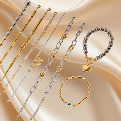 Fashion Stainless Steel Beaded Bracelet Collection For Women Gold Silver Mixed Alphabet Heart Evil Eye Artificial Pearl Charm Jewelry