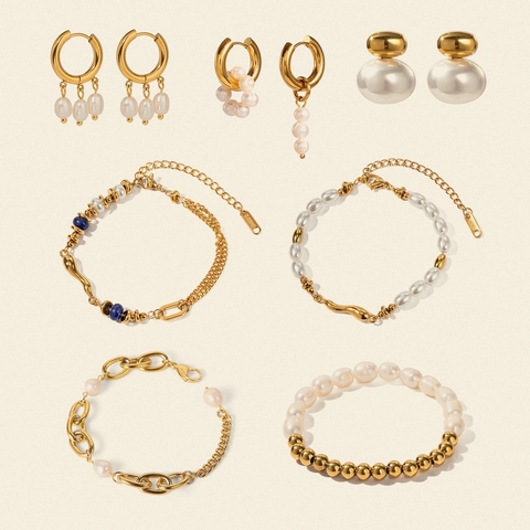 Lussuoso Bracciale e Orecchini in Acciaio Inossidabile con Künstliche Perle Placcato Oro 18K Strass Gioielli Geometrici da Donna
