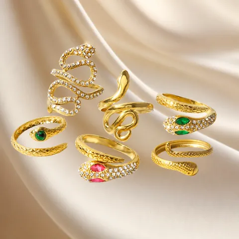 Anello Aperto a Forma di Serpente in Acciaio Inossidabile Vintage Placcato Oro Con Zirconi Anello Regolabile da Donna