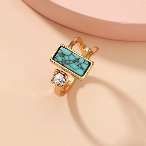 Vintage Ethnic Gold Zinc Alloy Toe Ring With Rectangular Turquoise Zirconia For Women Adjustable Geometric Open Ring Jewelry