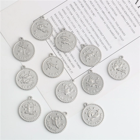 Stainless Steel Round Zodiac Pendant For Jewelry Making DIY Constellation Charms Coin Medallion Necklace Bracelet Accessory
