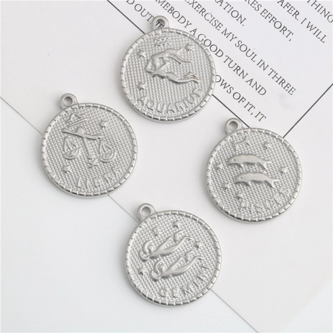 Stainless Steel Round Zodiac Pendant For Jewelry Making DIY Constellation Charms Coin Medallion Necklace Bracelet Accessory