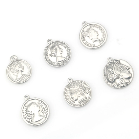 Vintage Stainless Steel Coin Pendant With Queen Elizabeth II Portrait Relief For DIY Jewelry Necklace Bracelet Accessories