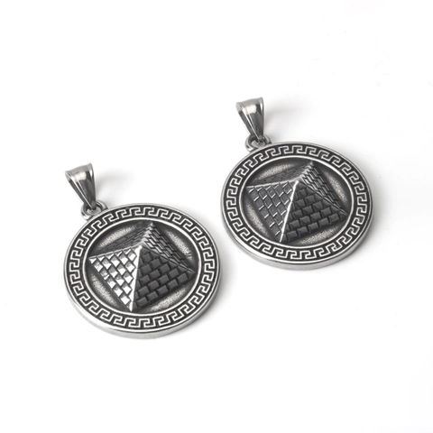 Vintage Stainless Steel Pyramid Pendant Necklace Meander Pattern Antique Silver Hip Hop Punk Unisex Jewelry