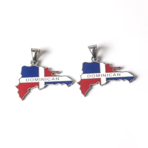 Collar con Colgante del Mapa de la República Dominicana en Acero Inoxidable Patrón de Bandiera Nacional Joyería de Esmalte