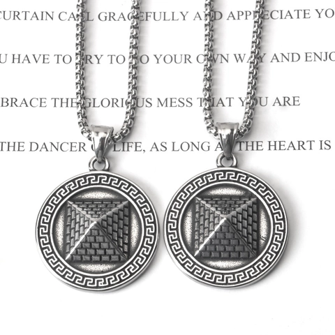 Vintage Stainless Steel Pyramid Pendant Necklace Meander Pattern Antique Silver Hip Hop Punk Unisex Jewelry