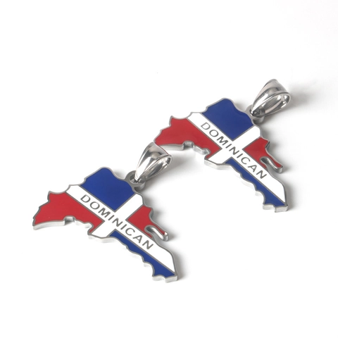 Collar con Colgante del Mapa de la República Dominicana en Acero Inoxidable Patrón de Bandiera Nacional Joyería de Esmalte