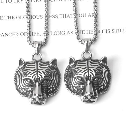 Edelstahl Tigerkopf Anhänger Halskette Vintage Punk Rock Stil Tier Schmuck Für Herren Damen Mit Box-Kette