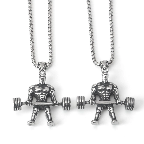 Men Stainless Steel Weightlifting Dumbbell Bodybuilder Pendant Necklace Hip Hop Punk Retro Fitness Gym Jewelry Gift