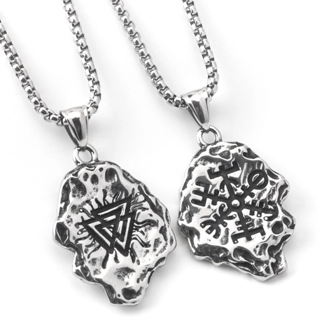 Collana Uomo in Acciaio Inossidabile Vintage Con Ciondolo Valknut Vichingo Texture Lavica Geometrica Gioielli Hip Hop Punk