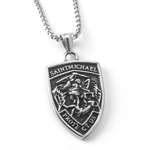 Saint Michael Archangel Protect Us Shield Pendant Necklace Stainless Steel Vintage Religious Amulet For Men Women Jewelry