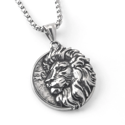 Vintage Stainless Steel Lion Head Relief Pendant Necklace For Men Women Hip Hop Distressed Street Fashion Animal Jewelry
