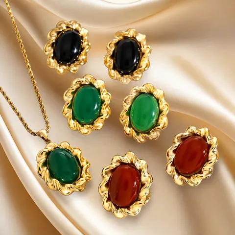 Vintage Stainless Steel Gemstone Earrings Necklace Set Gold Plated Oval Agate Pendant Twist Woven Jewelry For Women