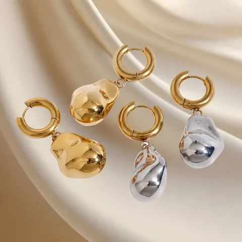 Boucles d'Oreilles Pendantes en Acier Inoxydable Lave Irrégulière pour Femmes Or Argent Bicolore Bijoux de Mode Étanche Hypoallergénique