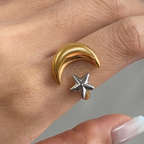 Star Moon Open Ring Stainless Steel Waterproof Hypoallergenic Chic Adjustable Jewelry For Women Girls Elegant Gift