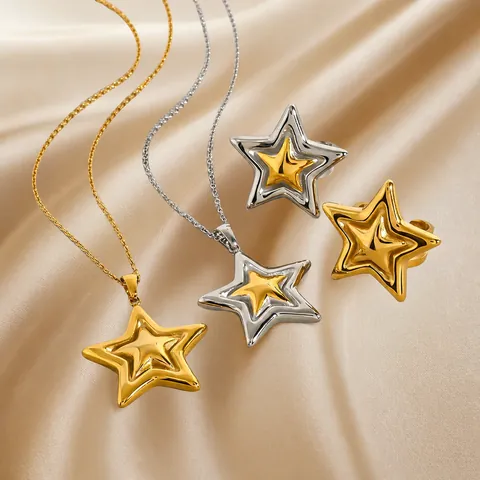 Ensemble de Bijoux Collier et Bague en Acier Inoxydable avec Pendentif Étoile 3D pour Femme Bicolore Or Argent Géométrique