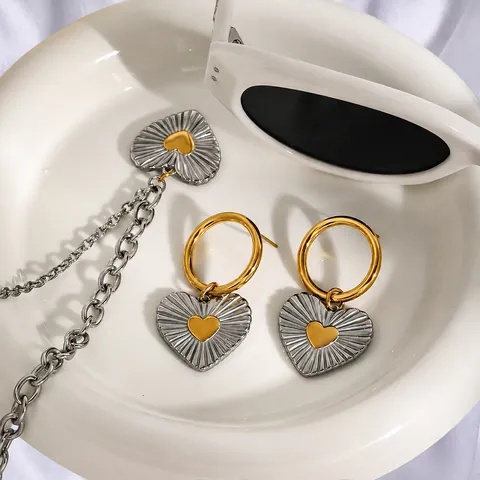 Bijoux Cœur en Acier Inoxydable Vintage pour Femmes Or Argent Plaqué Texture Rayonnante Collier Et Boucles d'Oreilles