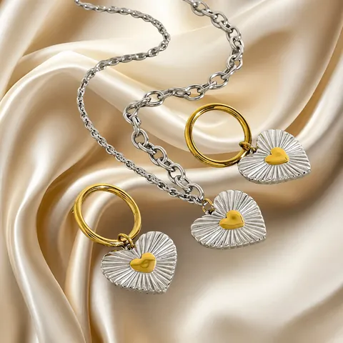 Bijoux Cœur en Acier Inoxydable Vintage pour Femmes Or Argent Plaqué Texture Rayonnante Collier Et Boucles d'Oreilles