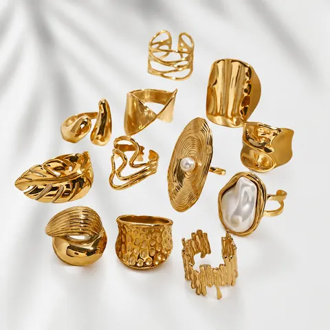 Anello a Fascia Larga in Acciaio Inossidabile Placcato Oro per Donna Vintage Con Perla Artificiale Intarsiata Geometrico Regolabile Gioielli di Moda