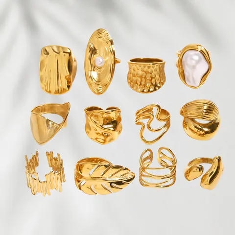 Anello a Fascia Larga in Acciaio Inossidabile Placcato Oro per Donna Vintage Con Perla Artificiale Intarsiata Geometrico Regolabile Gioielli di Moda