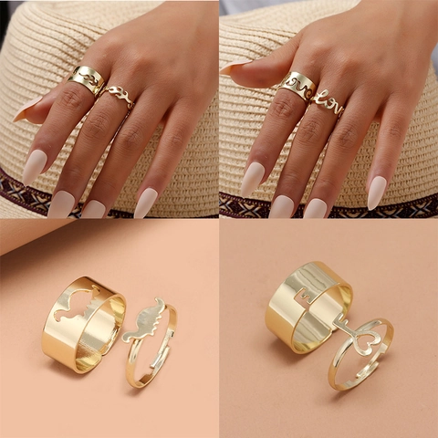 Ensemble de Bagues Réglables en Alliage pour Femmes Simple Géométrique Papillon Dinosaure Motif Bague de Couple Bijoux de Mode