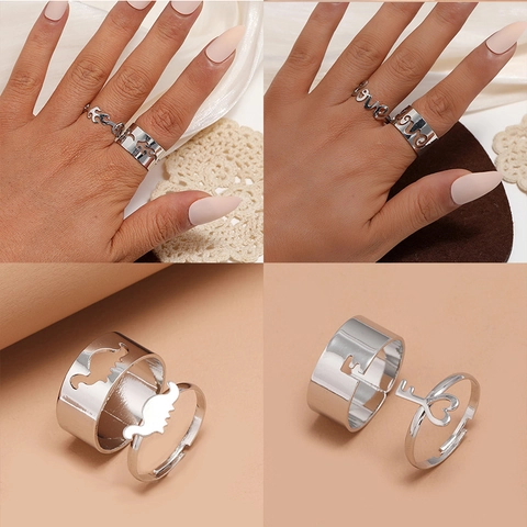 Ensemble de Bagues Réglables en Alliage pour Femmes Simple Géométrique Papillon Dinosaure Motif Bague de Couple Bijoux de Mode