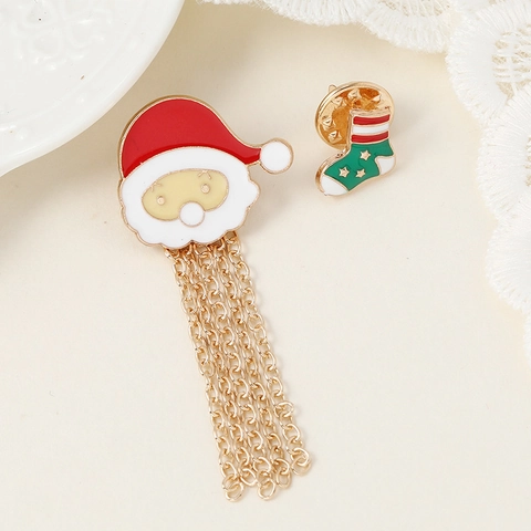 Noël Père Noël Chaussette Boucles d'Oreilles Asymétriques Gland Broche Ensemble Alliage Émail Bijoux de Fête Femme Enfant