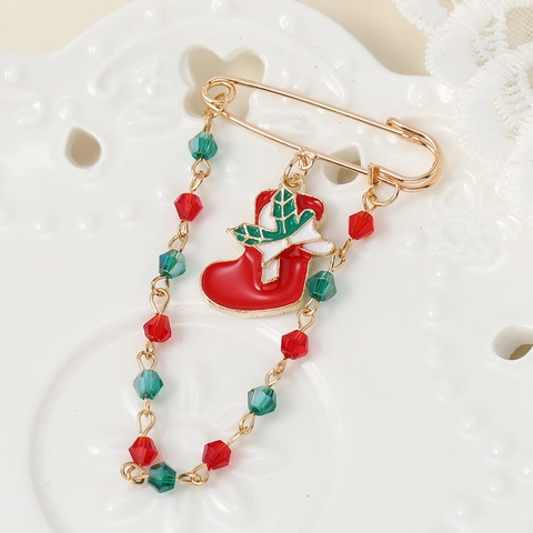 Kerst Legering Emaille Laars Broche Rood Groen Kralen Kwastje Pin Voor Dames Festival Mode Vakantie Sieraden Accessoire