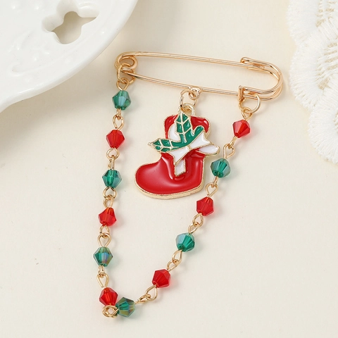 Kerst Legering Emaille Laars Broche Rood Groen Kralen Kwastje Pin Voor Dames Festival Mode Vakantie Sieraden Accessoire
