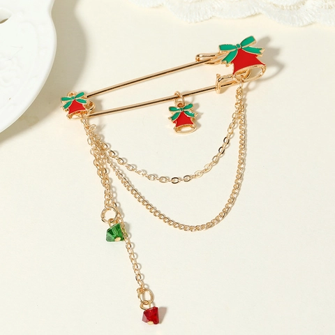 Broche de Noël Avec Cloche Et Glands Alliage Émail Rouge Vert Strass Nœud Papillon Cœur Épingle à Nourrice Bijoux Femme Cadeau