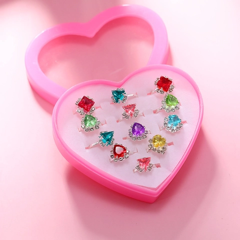 Kinder Ring Set Aus Legierung Niedliche Cartoon Herz Geometrische Edelsteine Verstellbare Ringe Mit Herz Box Mädchen Geschenk