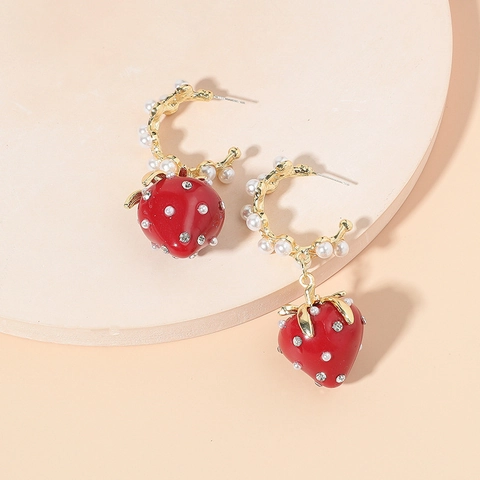 Vintage Kreative Süße 3D Erdbeere Ohrhänger Mit Künstliche Perlen Und Strass Kupfer Schmuck Für Damen Mädchen Accessoires
