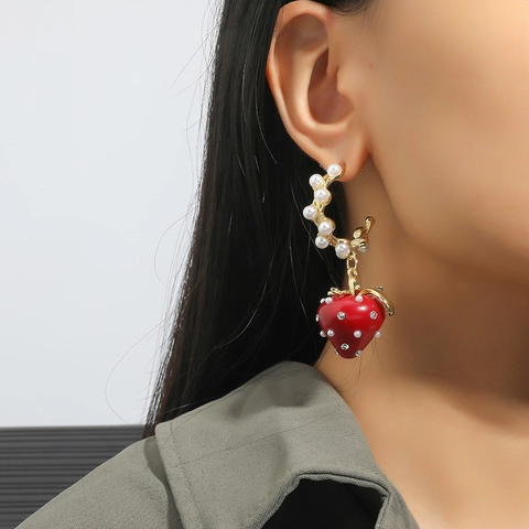 Vintage Kreative Süße 3D Erdbeere Ohrhänger Mit Künstliche Perlen Und Strass Kupfer Schmuck Für Damen Mädchen Accessoires