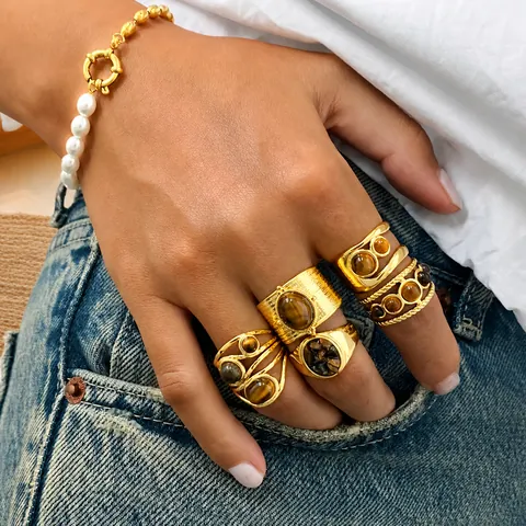 Bagues Vintage en Acier Inoxydable Oeil de Tigre pour Femmes Hommes Plaqué Or Géométrique Pierre Naturelle Bague Ouverte Bijoux