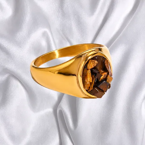 Bagues Vintage en Acier Inoxydable Oeil de Tigre pour Femmes Hommes Plaqué Or Géométrique Pierre Naturelle Bague Ouverte Bijoux