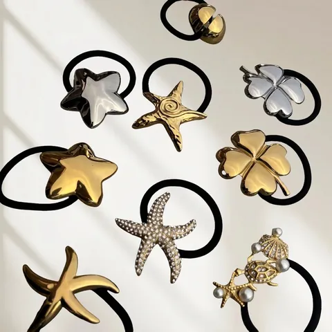 Minimalist Stainless Steel Hair Ties Metal Geometric Ocean Starfish Shell Charms High Elastic Ponytail Holder For Women