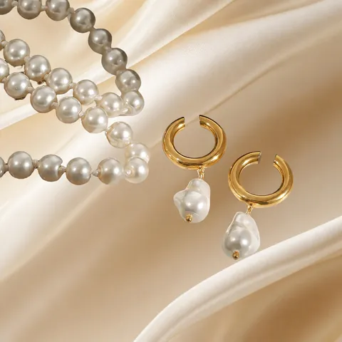 Boucles d'Oreilles Clips de Luxe en Acier Inoxydable avec Perles Artificielles Baroques Sans Perçage Géométrique Or Bijoux Élégants