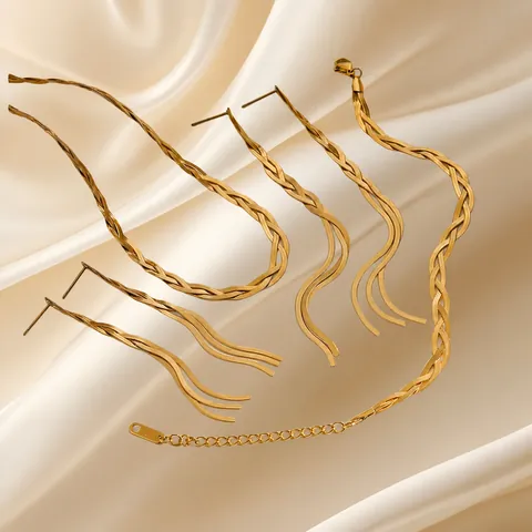 Collection de Bijoux Femme Mode Minimaliste en Acier Inoxydable Plaqué Or 18K Avec Collier Bracelet Boucles d'Oreilles Tressées