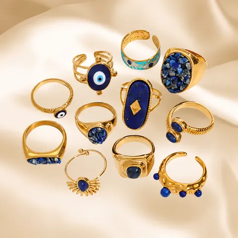 Anillos de Acero Inoxidable Bohemios para Mujer Efecto Lapislázuli Ojo Turco Sol Joyería Vintage Oro Anillo Impermeable
