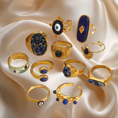 Anillos de Acero Inoxidable Bohemios para Mujer Efecto Lapislázuli Ojo Turco Sol Joyería Vintage Oro Anillo Impermeable